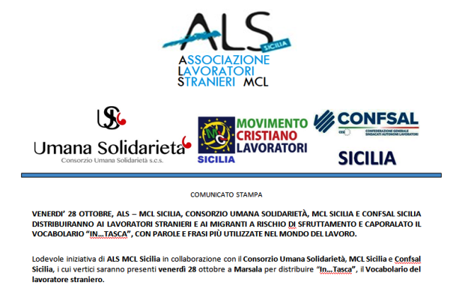 Venerdì 28 ottobre, a Marsala, sarà distribuito “In…Tasca”, il Vocabolario per lavoratori stranieri e migranti a rischio sfruttamento e caporalato, grazie ad ALS MCL Sicilia e Consorzio Umana Solidarietà, MCL Sicilia, Confsal Sicilia